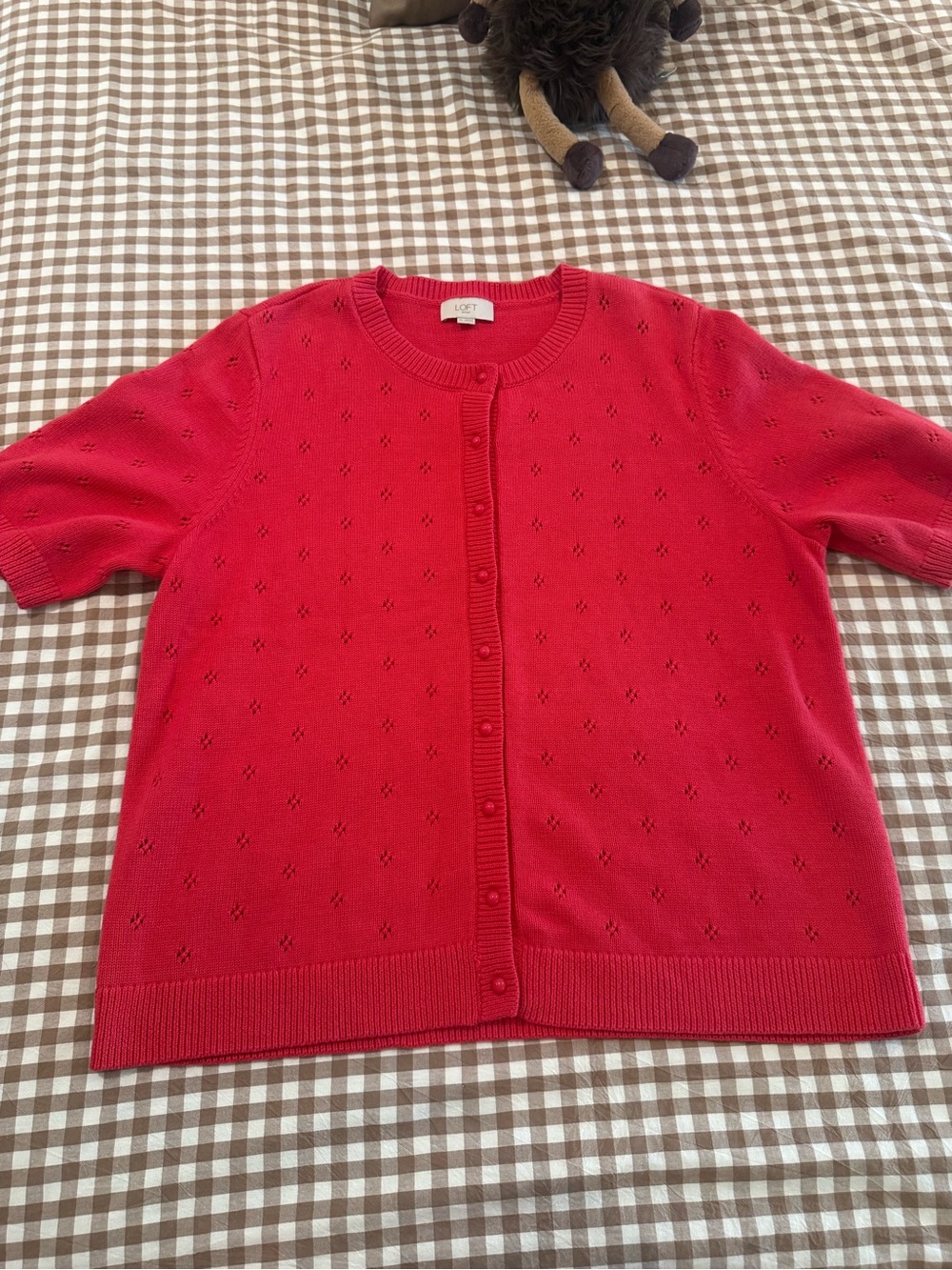 LOFT Red Short-Sleeve Eyelet Button-Front Cardigan